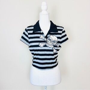 Black & Grey Striped Skull Graphic Short Sleeve Polo Collared Crop Top